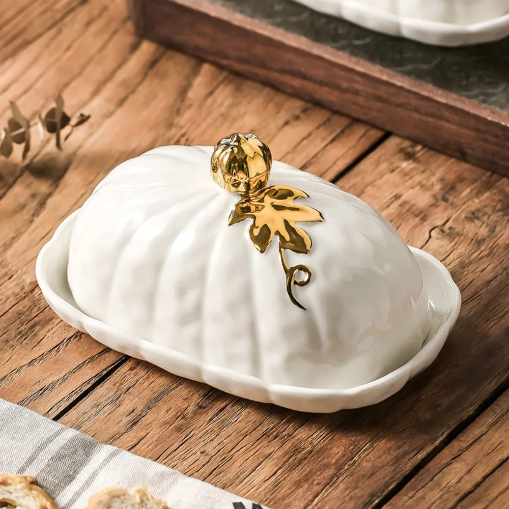 3D Pumpkin Shape Ceramic Butter Dish with Lid Embossed Butter Covered Cheese Storage Container Kitchen Table Decor Tableware