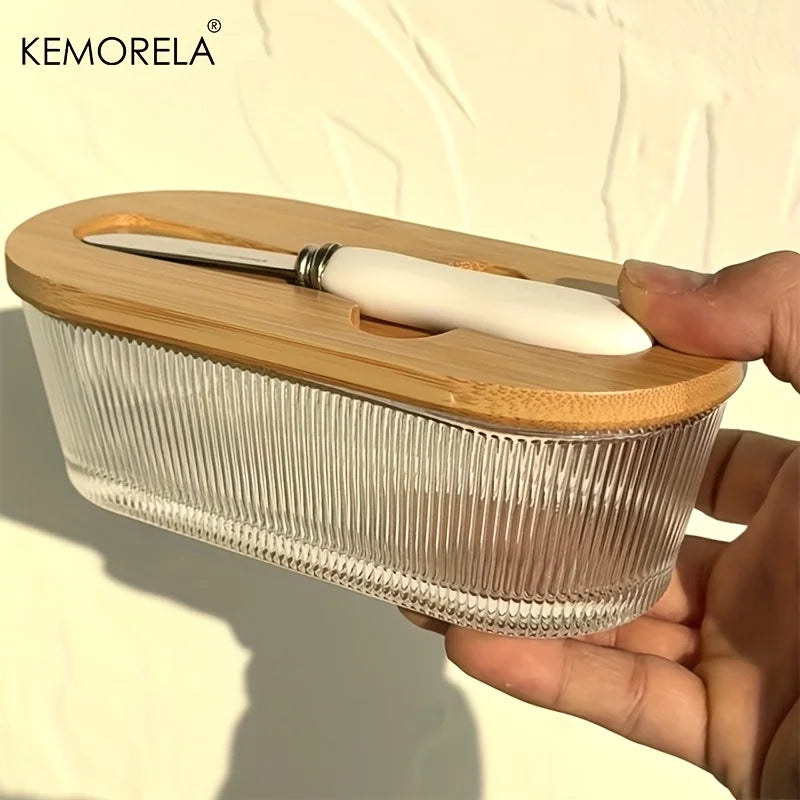 1PCS Glass Butter Dish with Sealed Lid - Elegant & Golden Design, Durable Countertop & Refrigerator Storage Tray for Jam, Cheese