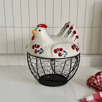 1Pc Farmhouse Hen-Shaped Ceramic Egg Baske -Ceramic Egg Holder with Lid,Rustic Kitchen Organizer for Fruits/Veggies