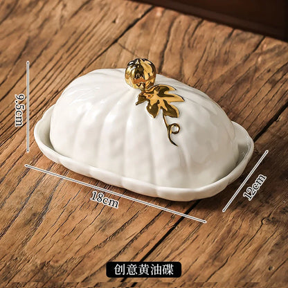 3D Pumpkin Shape Ceramic Butter Dish with Lid Embossed Butter Covered Cheese Storage Container Kitchen Table Decor Tableware