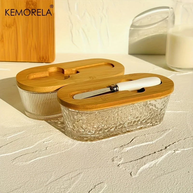 1PCS Glass Butter Dish with Sealed Lid - Elegant & Golden Design, Durable Countertop & Refrigerator Storage Tray for Jam, Cheese