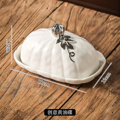 3D Pumpkin Shape Ceramic Butter Dish with Lid Embossed Butter Covered Cheese Storage Container Kitchen Table Decor Tableware