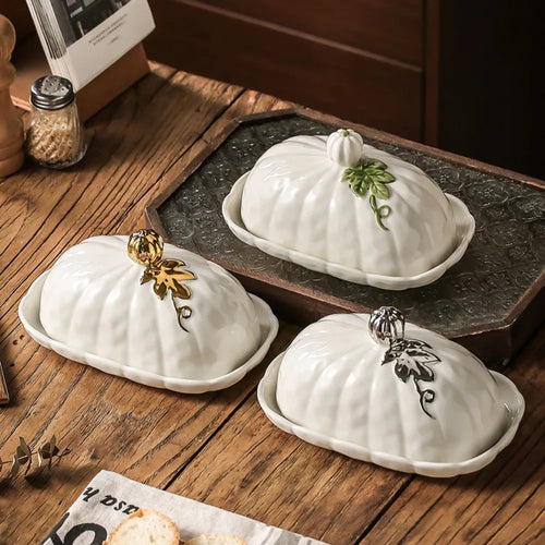 3D Pumpkin Shape Ceramic Butter Dish with Lid Embossed Butter Covered Cheese Storage Container Kitchen Table Decor Tableware