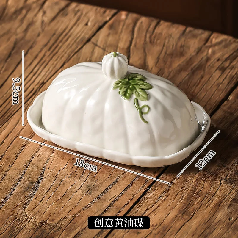 3D Pumpkin Shape Ceramic Butter Dish with Lid Embossed Butter Covered Cheese Storage Container Kitchen Table Decor Tableware