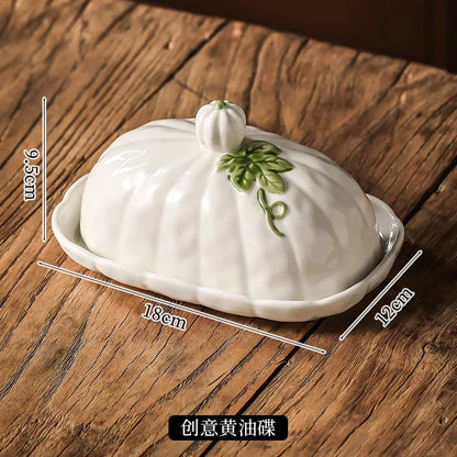 3D Pumpkin Shape Ceramic Butter Dish with Lid Embossed Butter Covered Cheese Storage Container Kitchen Table Decor Tableware