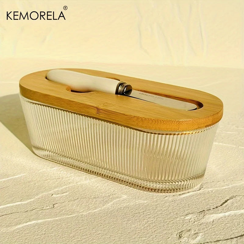 1PCS Glass Butter Dish with Sealed Lid - Elegant & Golden Design, Durable Countertop & Refrigerator Storage Tray for Jam, Cheese