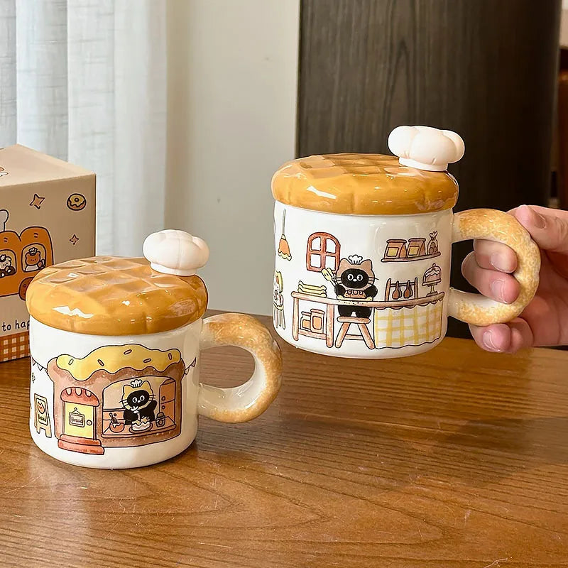 Bread Cat Creative Water Cup Female High Beauty Ceramic Mug with Lid Home Drinking Water Birthday Gift