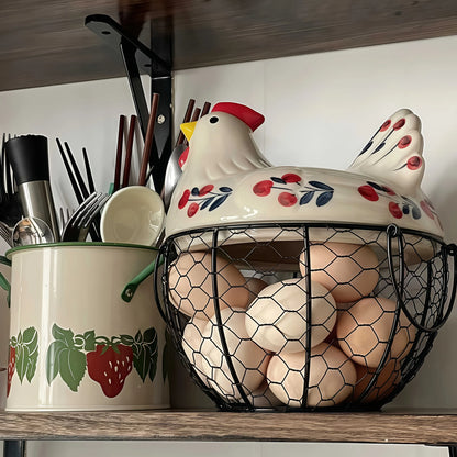 1Pc Farmhouse Hen-Shaped Ceramic Egg Baske -Ceramic Egg Holder with Lid,Rustic Kitchen Organizer for Fruits/Veggies