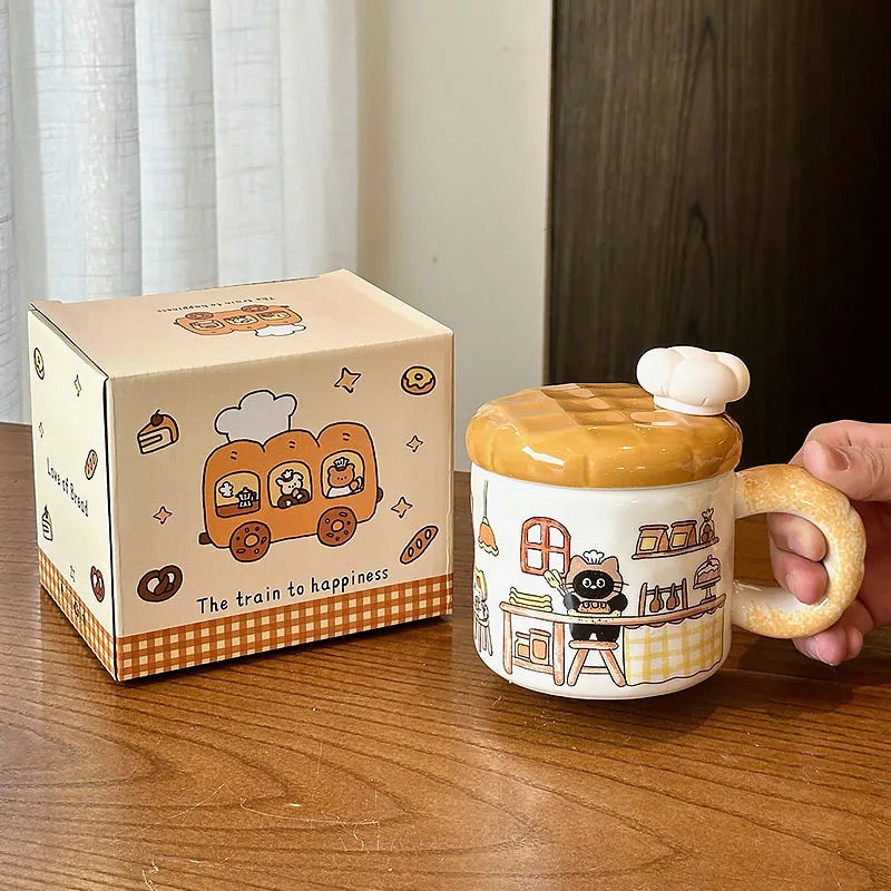Bread Cat Creative Water Cup Female High Beauty Ceramic Mug with Lid Home Drinking Water Birthday Gift