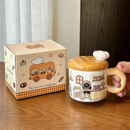 Bread Cat Creative Water Cup Female High Beauty Ceramic Mug with Lid Home Drinking Water Birthday Gift