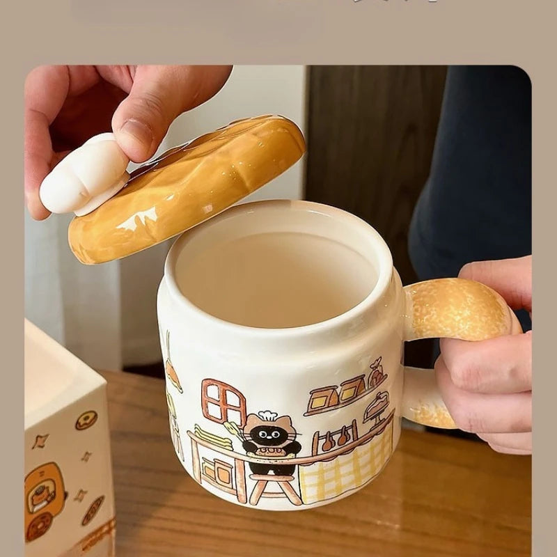 Bread Cat Creative Water Cup Female High Beauty Ceramic Mug with Lid Home Drinking Water Birthday Gift