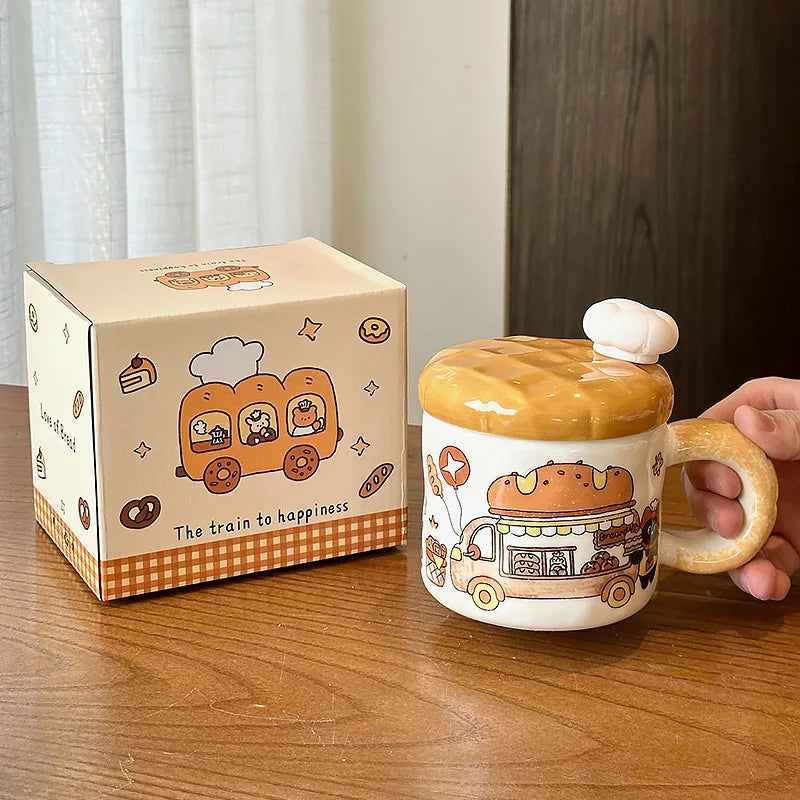 Bread Cat Creative Water Cup Female High Beauty Ceramic Mug with Lid Home Drinking Water Birthday Gift