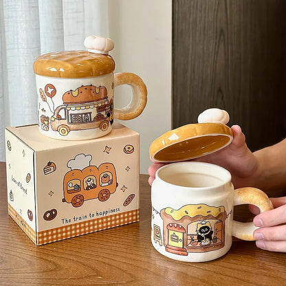Bread Cat Creative Water Cup Female High Beauty Ceramic Mug with Lid Home Drinking Water Birthday Gift