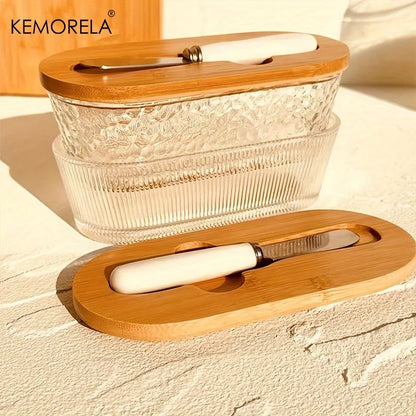 1PCS Glass Butter Dish with Sealed Lid - Elegant & Golden Design, Durable Countertop & Refrigerator Storage Tray for Jam, Cheese