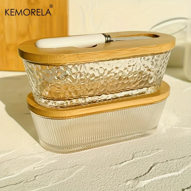 1PCS Glass Butter Dish with Sealed Lid - Elegant & Golden Design, Durable Countertop & Refrigerator Storage Tray for Jam, Cheese