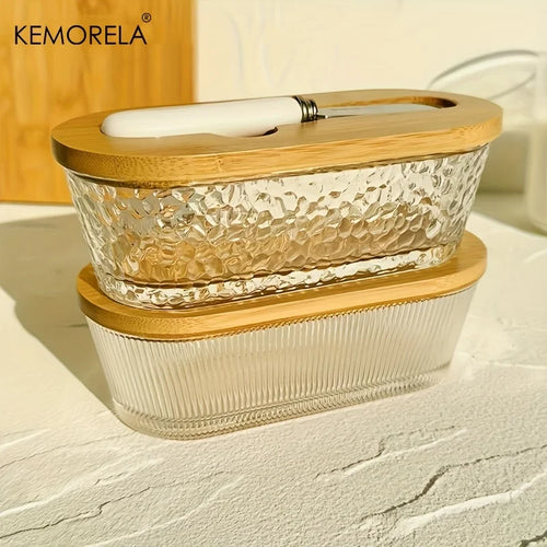 1PCS Glass Butter Dish with Sealed Lid - Elegant & Golden Design, Durable Countertop & Refrigerator Storage Tray for Jam, Cheese