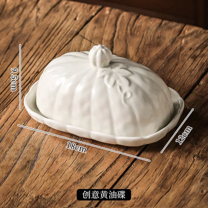 3D Pumpkin Shape Ceramic Butter Dish with Lid Embossed Butter Covered Cheese Storage Container Kitchen Table Decor Tableware