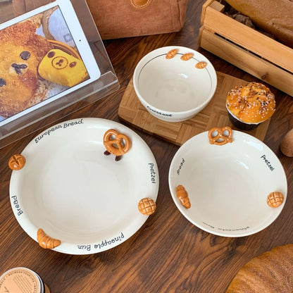 Pretzel Croissant Embossed Ceramic Bowl Set High Value Tableware Cute Rice Dessert Pasta Plate